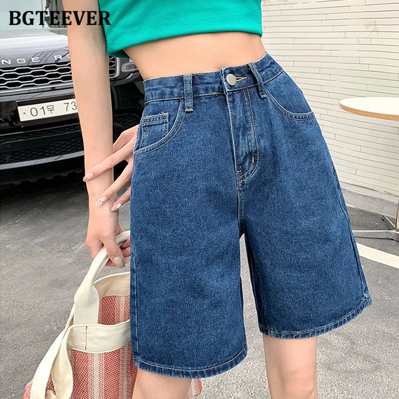 BGTEEVER décontracté taille haute poches solide dames jean Shorts été Y2K bouton ample droit femmes Denim Shorts