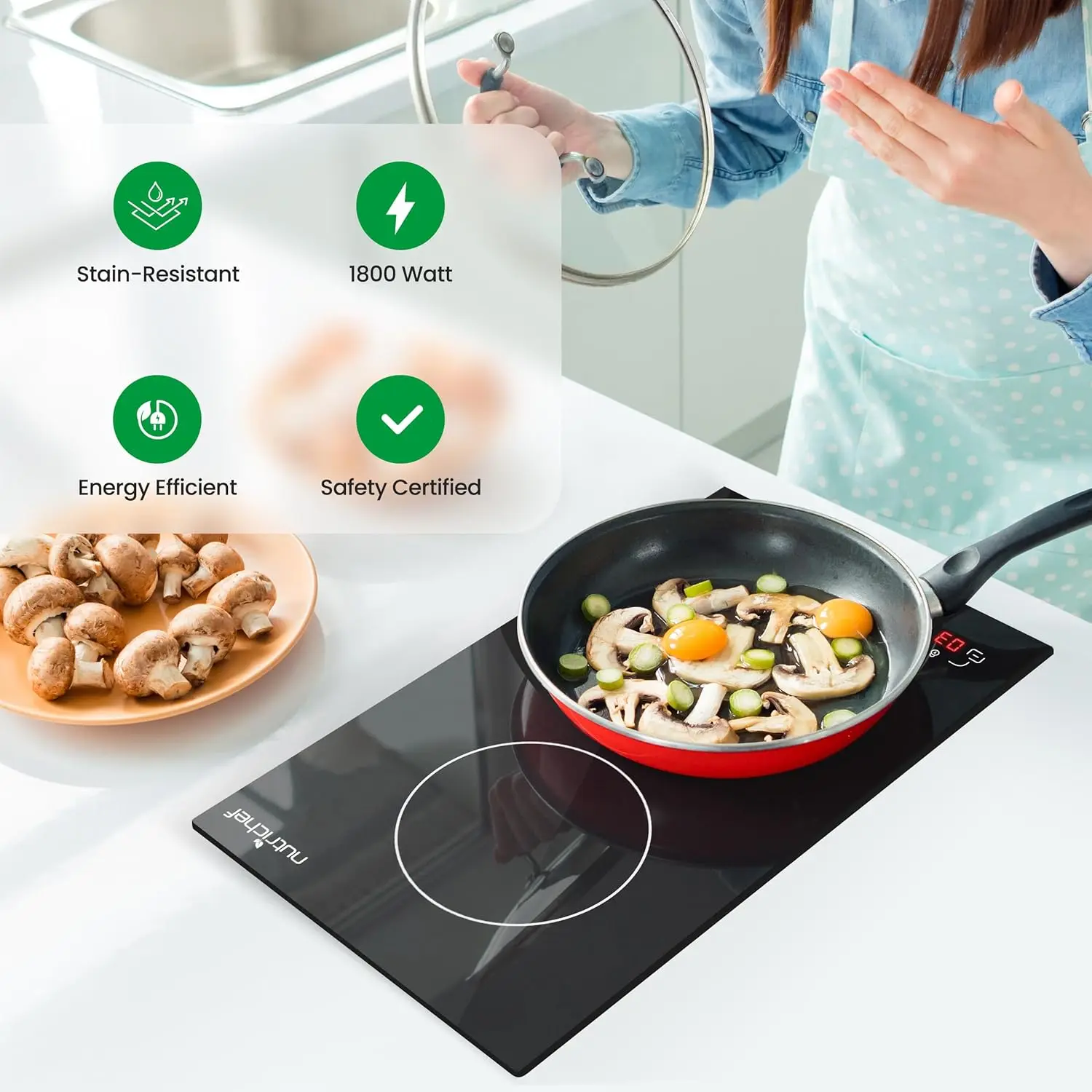 Induction Cooktop - 2 Glass Induction Burner Zones - Adjustable Temperature Settings - 1800W Electric Induction Cooker