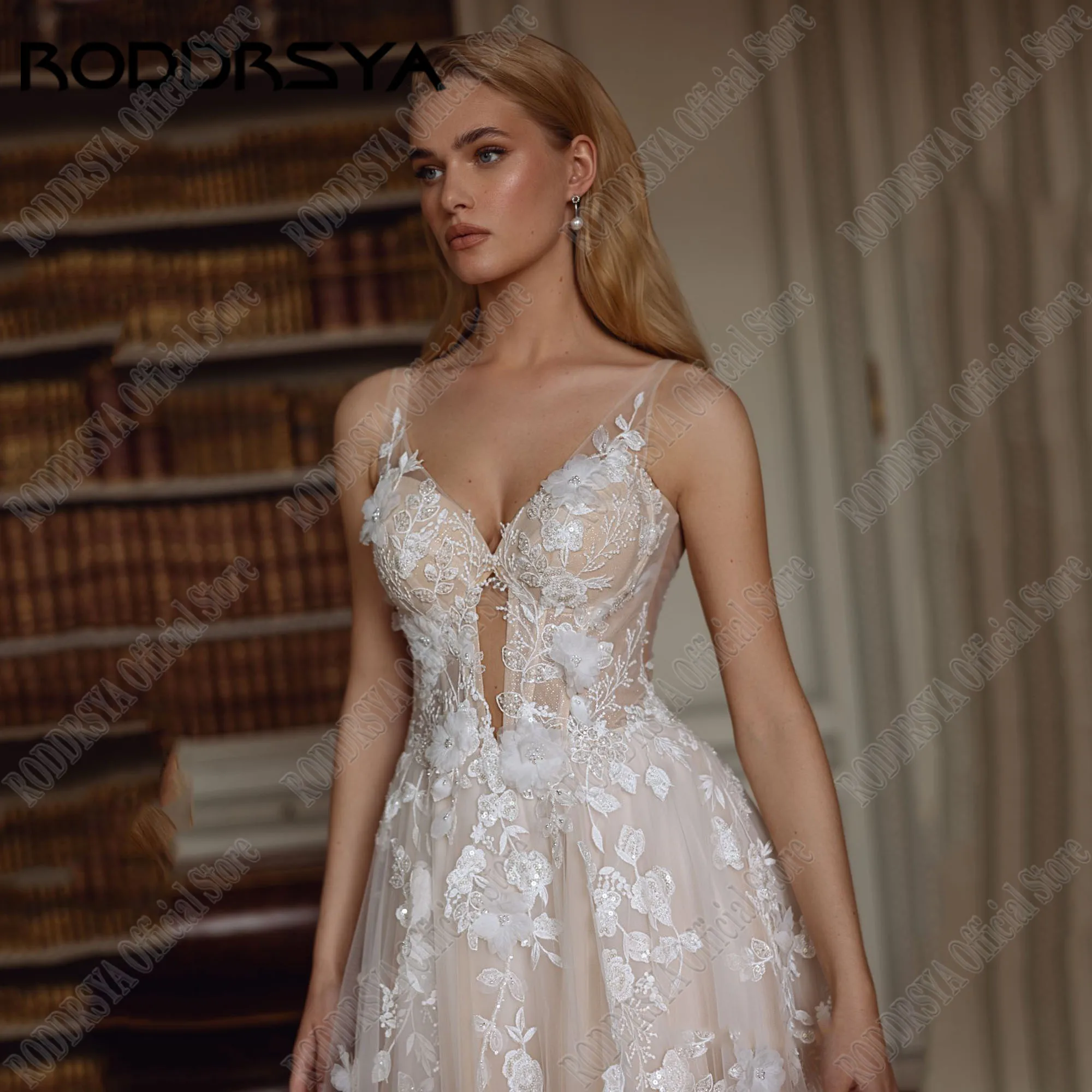 RODDRSYA Customized A Line Sexy Deep V Neck Bride Wedding Dresses Applique Sleeveless Lace Boho Bridal Gown Vestido Sweep Train