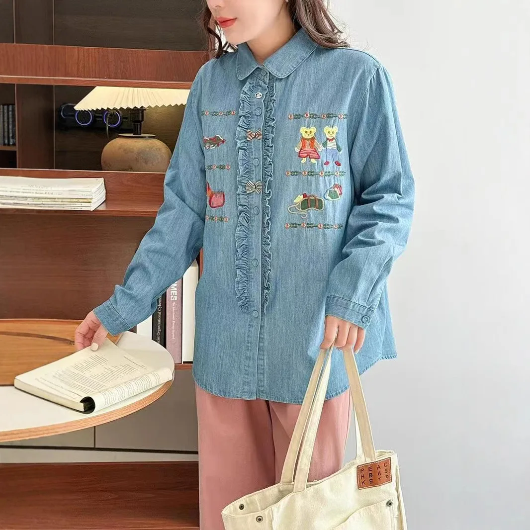 Spring New Japanese Vintage Mori Girl Cartoon Bear Embroidery Denim Cotton Shirts Women Turn Down Collar Long Sleeve Casual Tops