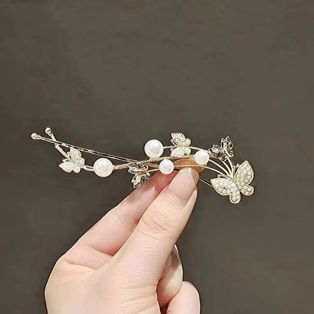 مشبك شعر من قطعة واحدة على شكل فراشة لؤلؤية على الطراز القديم، مشبك شعر لؤلؤي إبداعي ولطيف، شعر منحني ذهبي عتيق