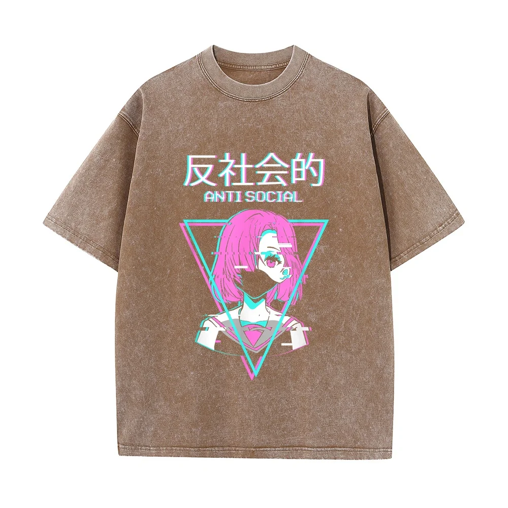 Antisocial Vaporwave Anime Girl Japanese Indie Old T-Shirt Short Sleeve Top Clothing Xxl Printed Cotton Red Round Neck Tee