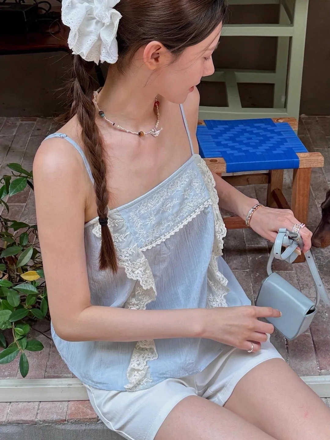 

Синий прямой кружевной жилет с вышивкой, топ, женский модный летний топ, Новое поступление, французский жилет из смеси хлопка из полиэстера