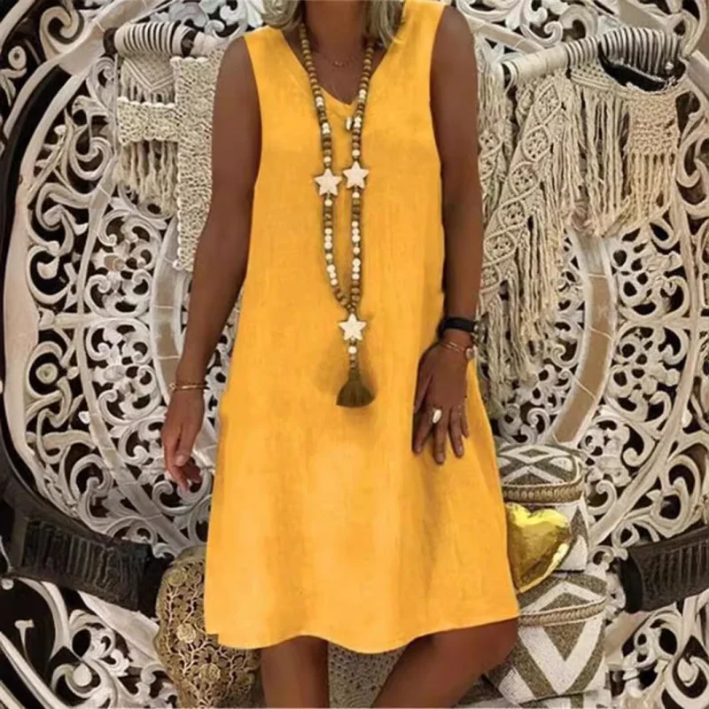 In Stock 2024 Summer Europe and America BorderSleeveless Cotton Linen Dress Women's Cl