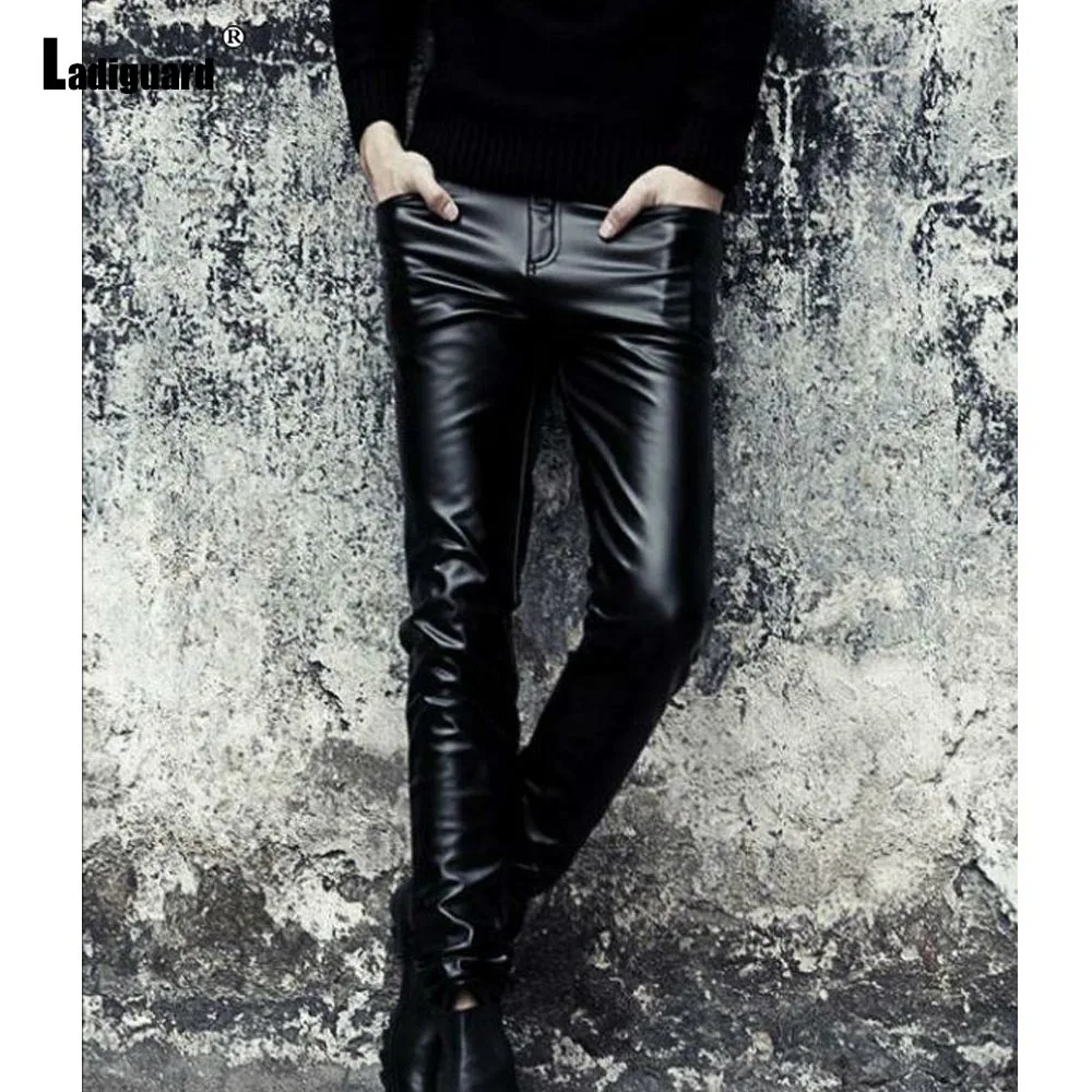 

2025 Rock Style Mens Fashion PU Leather Pants Sexy Night Club Dance Pants Men's Glossy Faux Leather Slim Motorcycle Trouser New