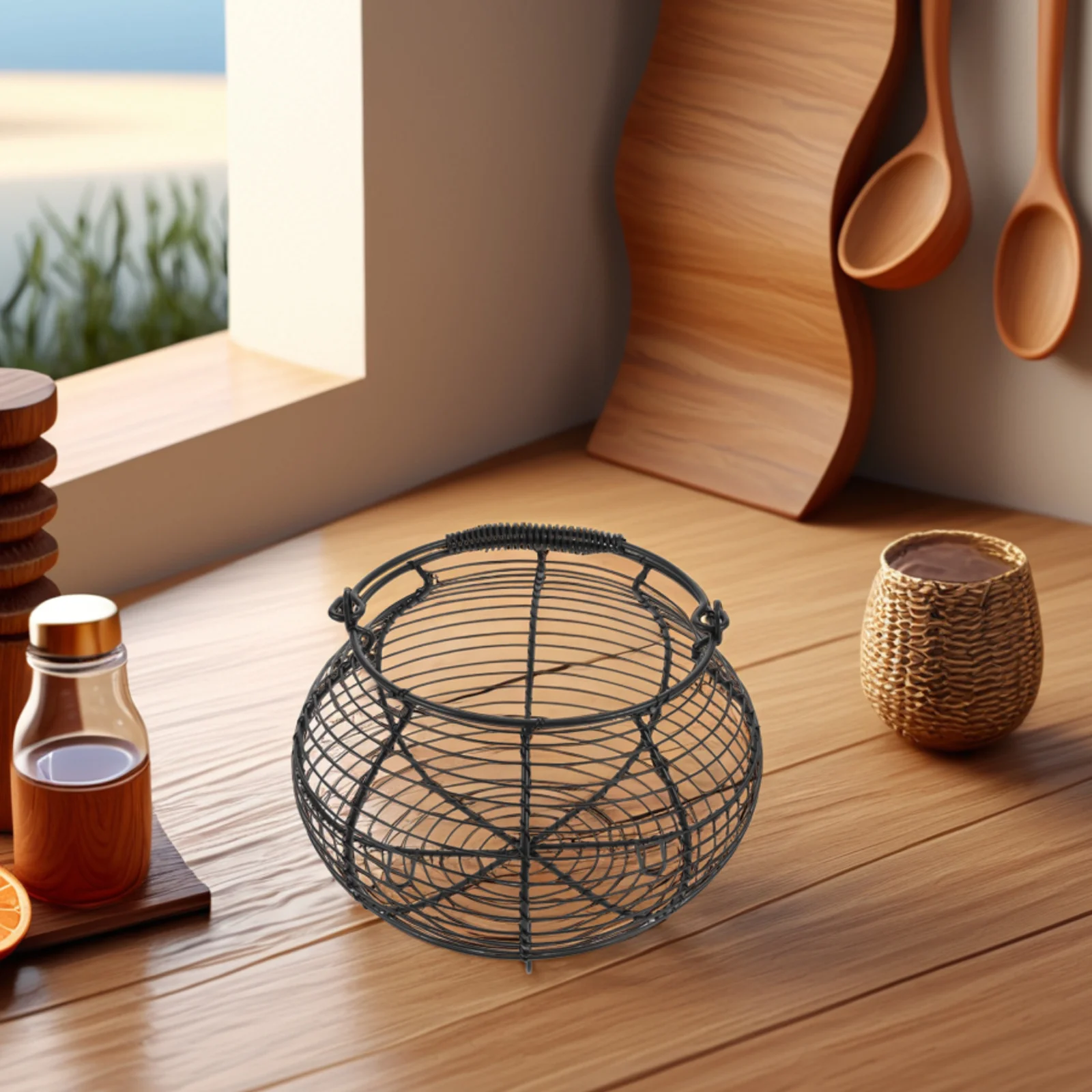 

Vintage Iron Wire Basket Portable Handle Kitchen Grocery Fruit Vegetable Storage Round Decorative Organizer Grocery Basket