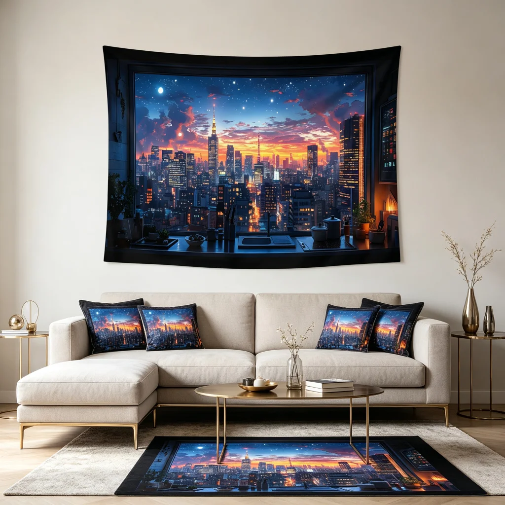 1PC City Sunset Art Print Backdrop Banner, Bedroom Living Room Photo Background, Polyester, Home Decor, Wall Art