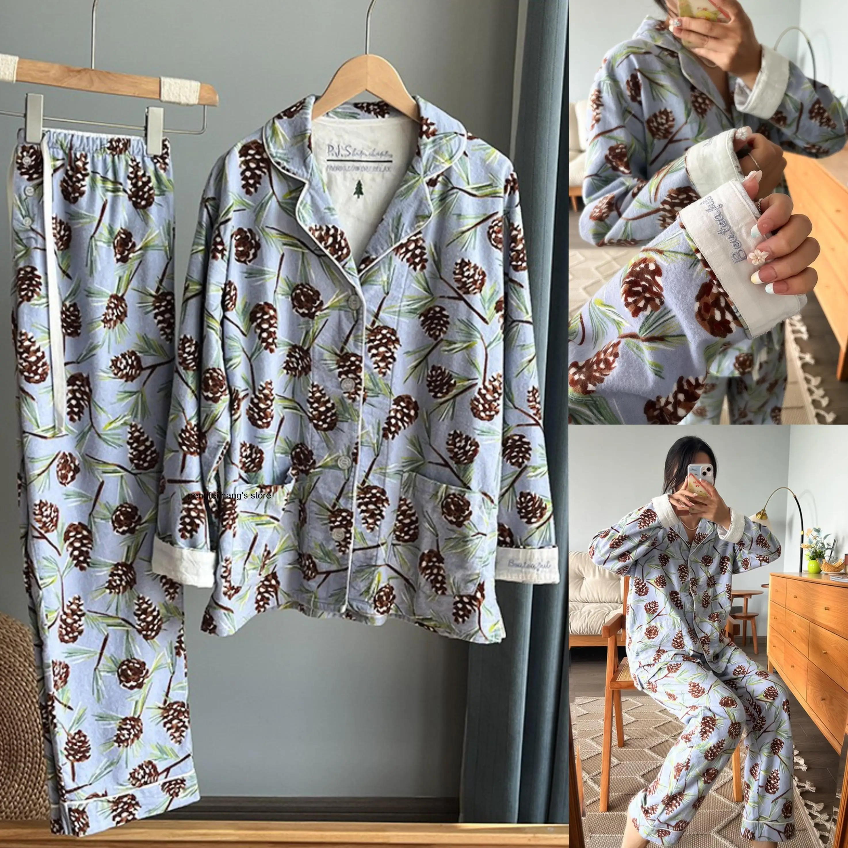 Women Cute Cartoon Print 100% Cotton Brushed Pajama Set Spring Autumn Long Sleeve Tops Long Pants 2Pcs Loungewear Homewear