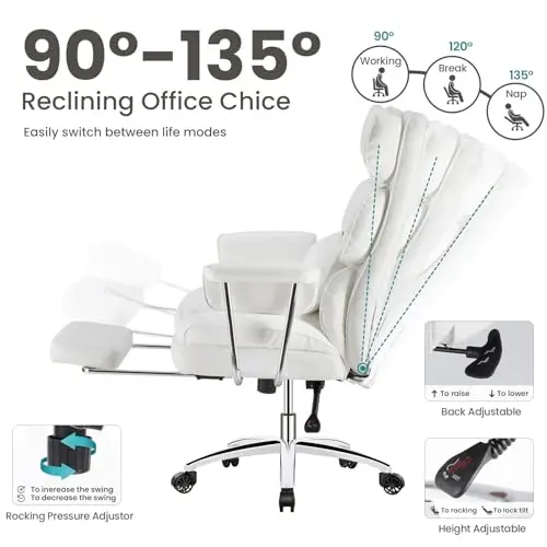 

White PU Leather Ergonomic Office Chair With Footrest, Adjustable Height & Back, 360° Swivel, Armrests, Detachable Pillow
