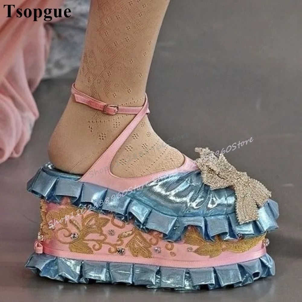 

Catwalk Mixed Thick Soled Ruffles Sandals Flat With Women Shoes Ankle Buckle Strap Round Toe 2025 Fashion Zapatos Para Mujere