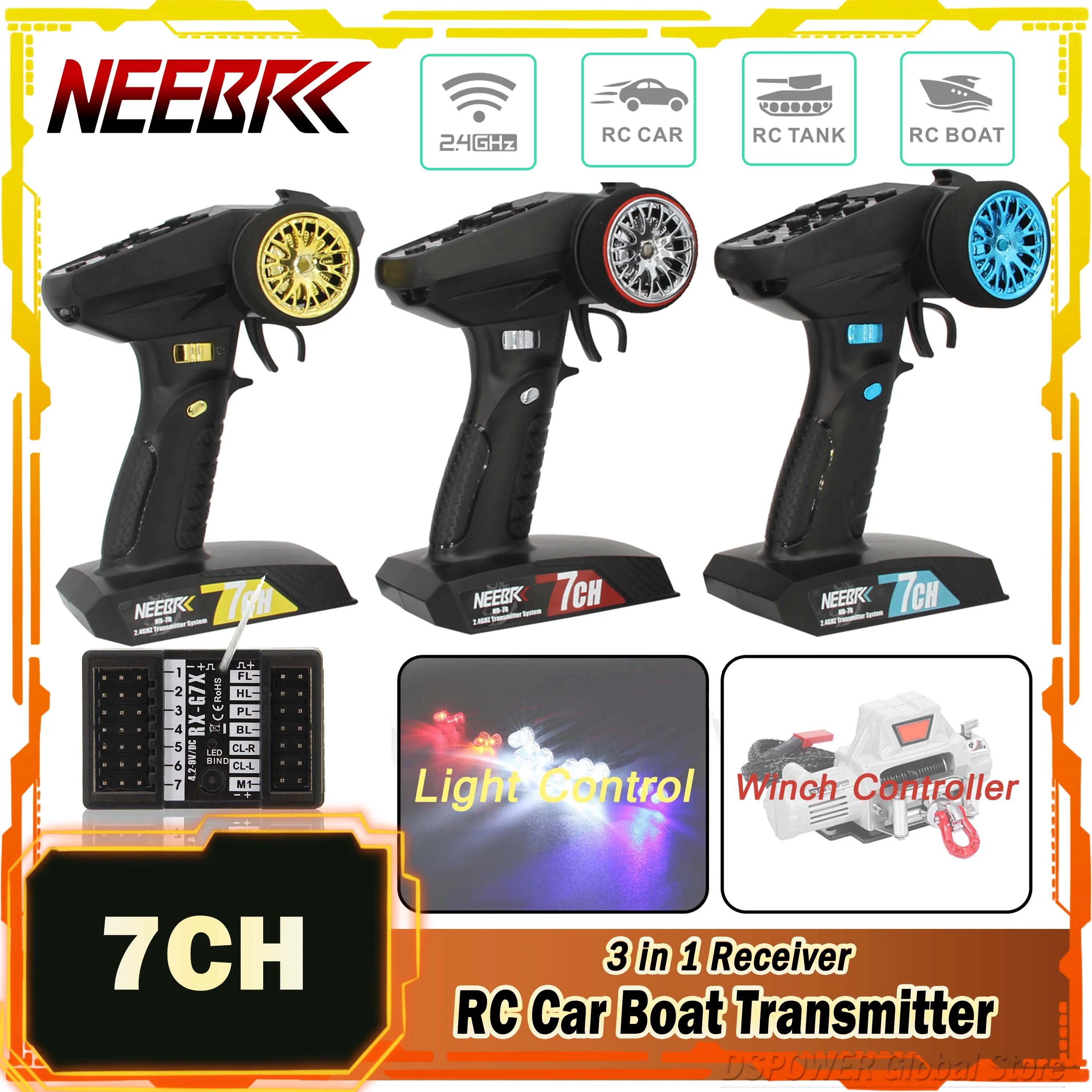 NEEBRC 7CH 2.4G Transmitter Radio System Waterproof 3 in 1 Light Control Winch Controller Receiver for RC Car Tank Boat Toy Part