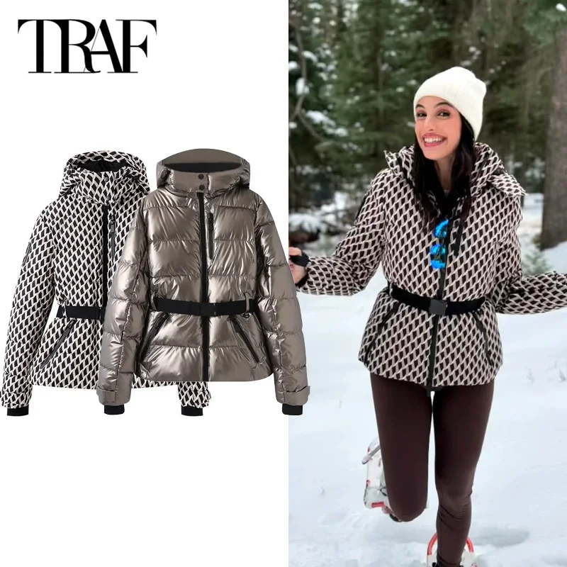 TRAF Women's Outdoor Parkas 2025 Warm Winter Padded Jacket New In Outerwears Fashion Casual Long Sleeve Hooded Skiing Coats