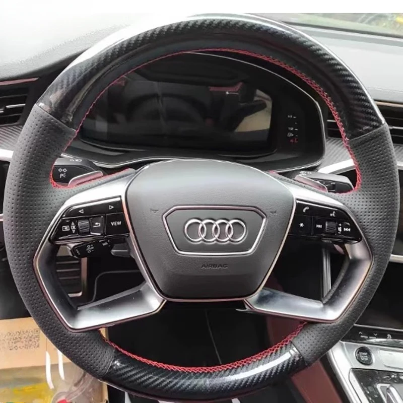 

For Audi A8 S8 A7 A6 A8L Etron 2021-2022 Hand Stitched black Genuine Leather Carbon Fiber non-slip Car Steering Wheel Cover