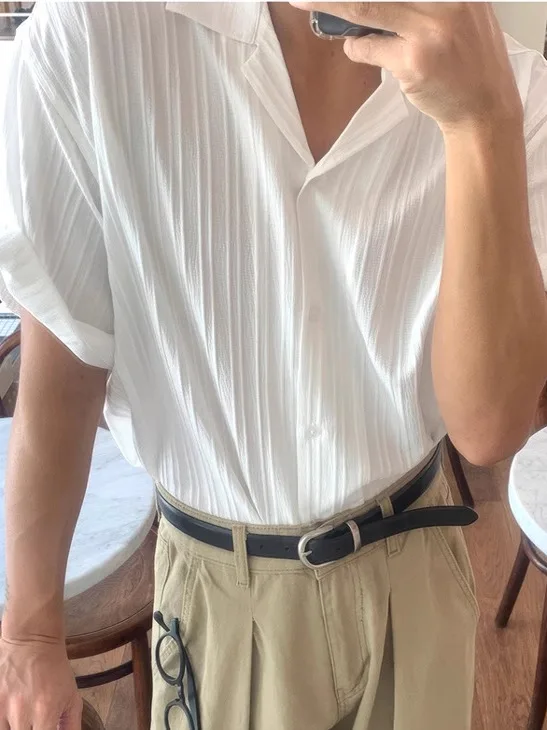 

Casual Cuban Collar Shirt Men's Soft Breathable Loose Short Sleeve Fashionable Workwear Slim Fit Summer Thin Pure Color