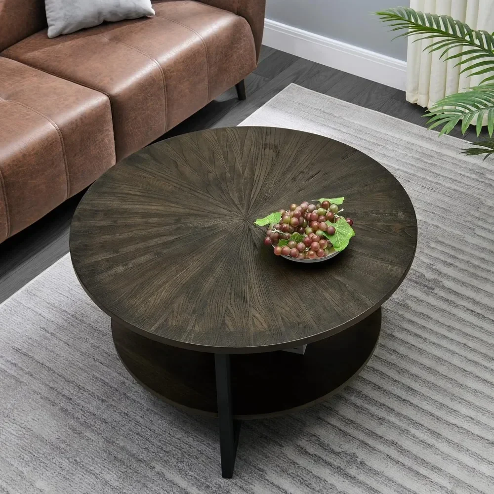 Round Coffee Table with Storage Shelf, Farmhouse Living Room Cocktail Black Metal Legs, Circular Solid Wood Center Tea Table