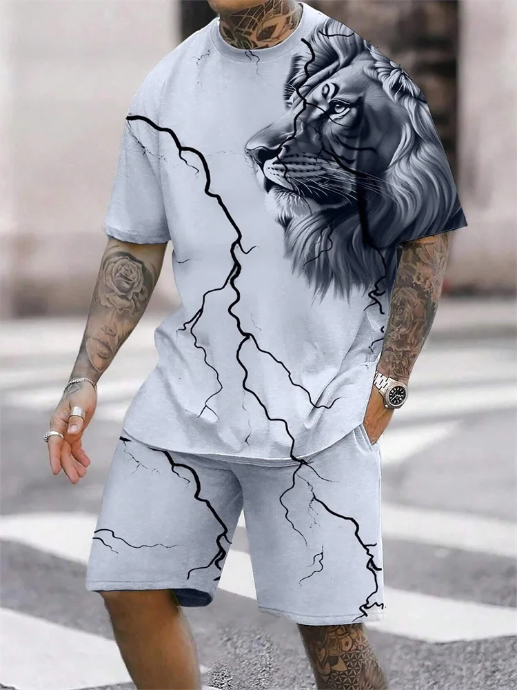 2024 New Crew Neck Short Sleeve T-shirt Fashion Shorts Set 3D Lion Print Short Sleeve Shorts 2-piece Men\'s Summer Sports Set