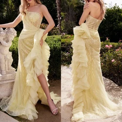 Glitter Strapless Mermaid Evening Dresses Fashion Sleeveless Sequin High Slit Prom Gowns Custom Made Ruffles Formal Occasion