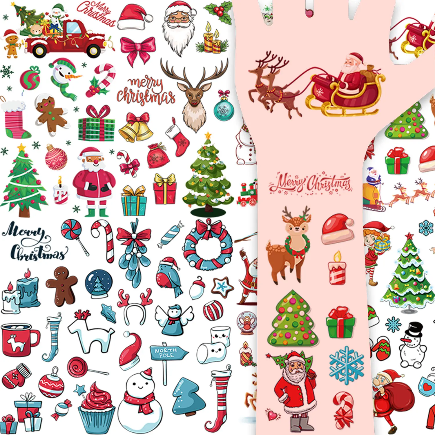 

10 рождественских серийных тату-наклеек, 145 мультяшных лося, сани, Санта-Клаус, Рождественская елка, Рождественский снеговик, Рождественский декор, временная татуировка, водонепроницаемая забавная художественная декоративная наклейка, подходит в качестве