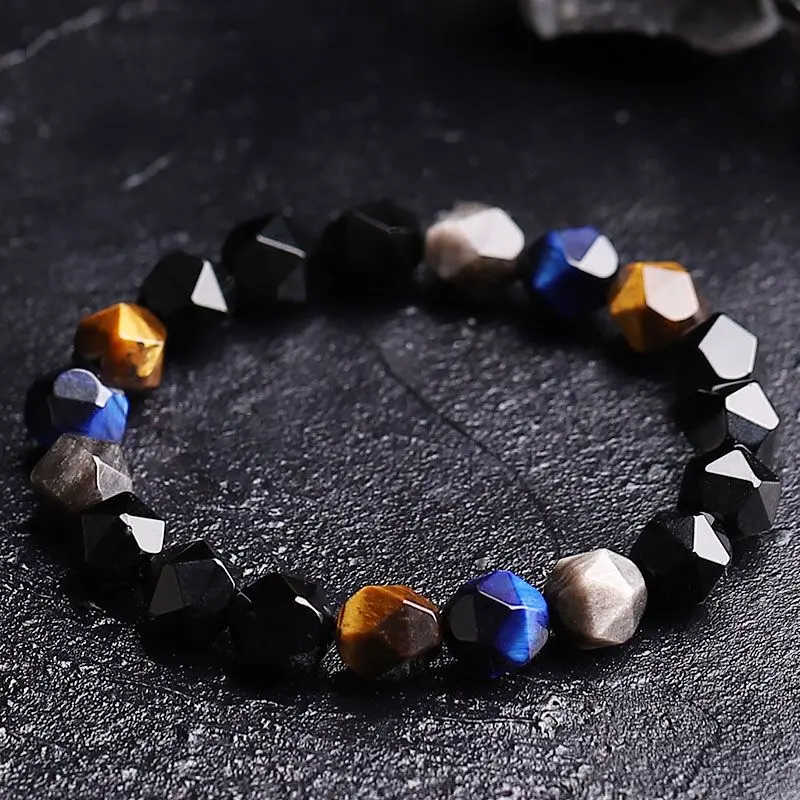 High-grade Facet Diamond Yaoshi Black Horse Nao Blue Stripe Tiger Eye Mixed Wear Bracelet Men\'s Trendy Cool Bracelet HandString