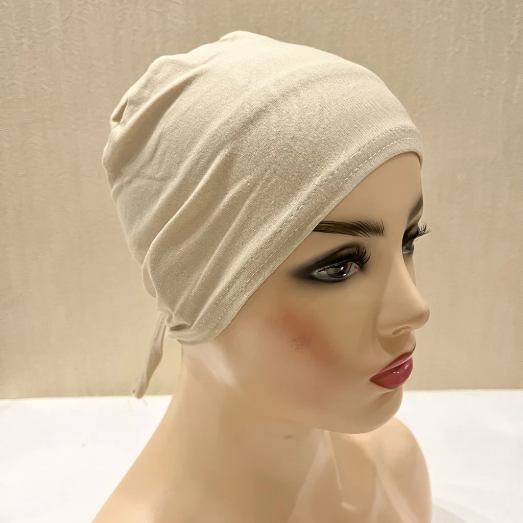 H048 Plain Cotton Tie Back Hats Muslim Turban Pure Color Stretch Inner Hijabs Underscarf Women Head Scarf Under Hijab Bonnet