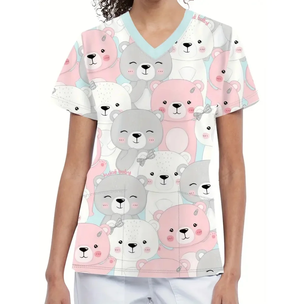 手術服女性かわいい漫画プリント獣医看護師夏のファッション V ネック半袖ポケット付きスクラブ女性トップス