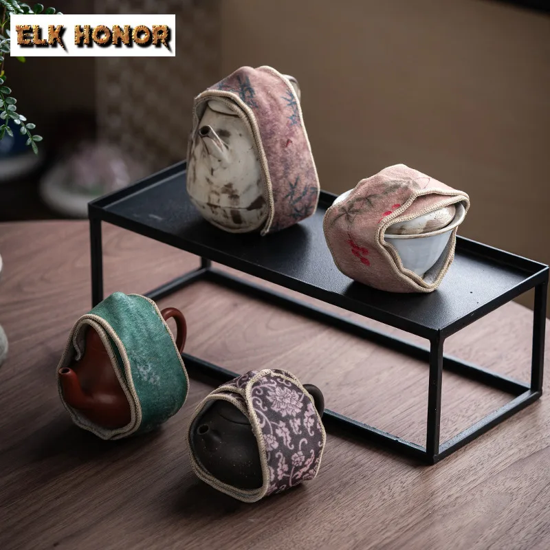 Suede Nap Pot Protector Strip With Scroll-leaf Lotus Red Flowers Bamboo Orchid Outdoor Travel Anti-scratch Tea Set Accessory