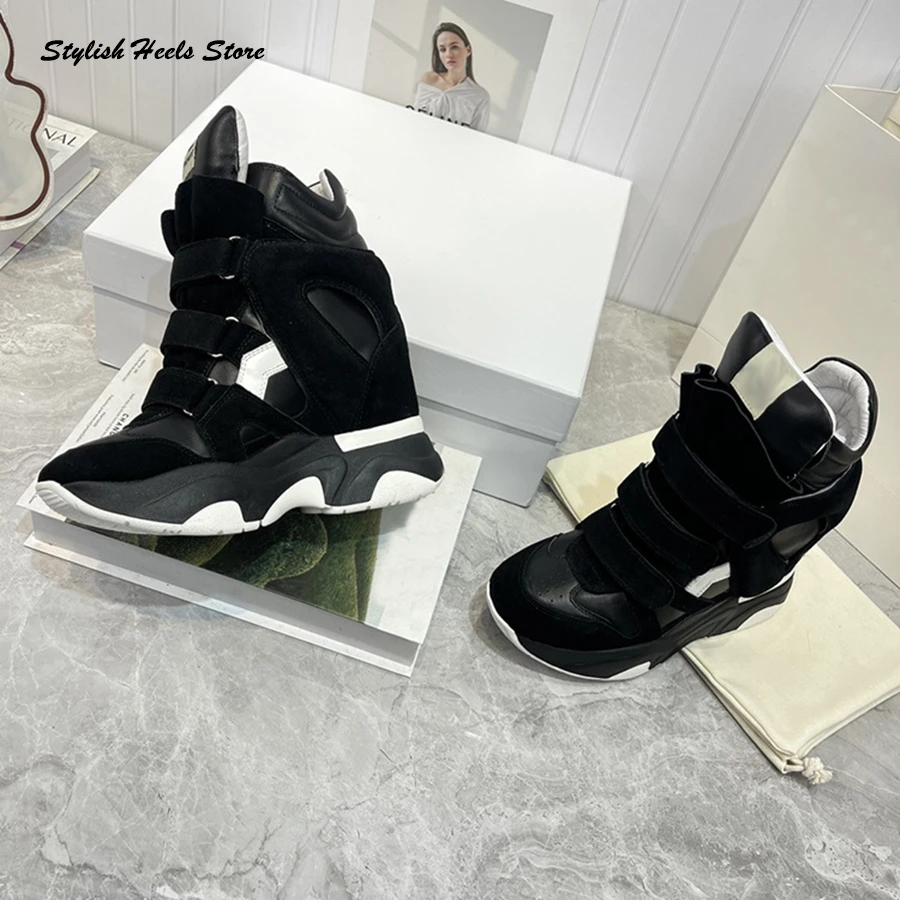 Stylish Height Increasing High-top Trainers Women Hook and Loop Casual Shoes Luxury Fashion Patchwork Suede Warm Ankle Sneakers