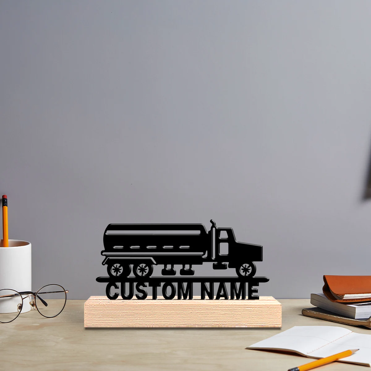 1pc Personalized Custom Tanker truck Metal Statues With Wooden Base Tabletop Decoration Farmhouse Kitchen Decor with Wooden Fram