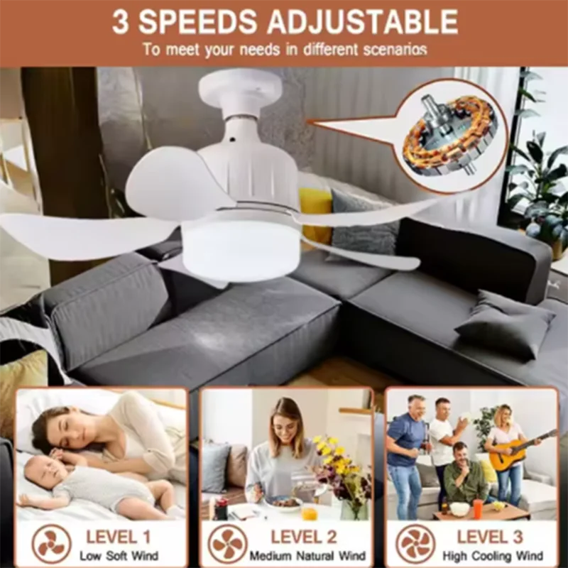 2026 New Cordless E26/E27 Screw Fan Light, 20.5in Socket Ceiling Fan with Remote Control for Closet Bedroom
