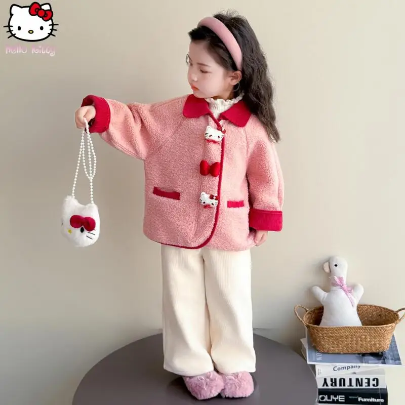 

Girls Kawaii Lamb Wool Thickened Coat Hello Kitty Autumn Winter Anime New Children's Sanrio Cartoon Warm Coat Fashionable Tops