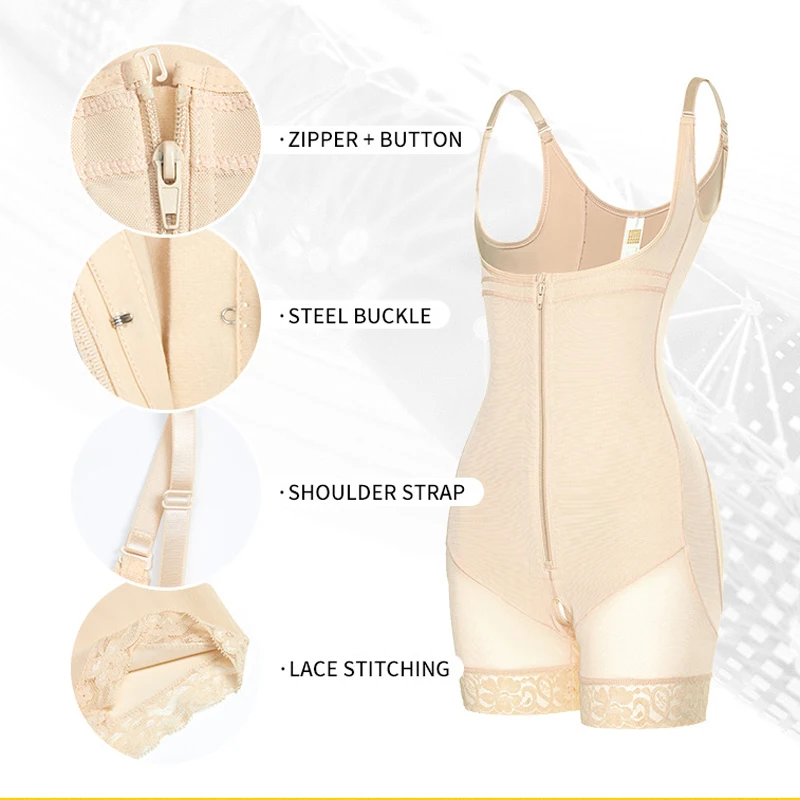 Large size open chest front zipper abdominal control jumpsuit curved women's hip lifting shapewear with lace hem