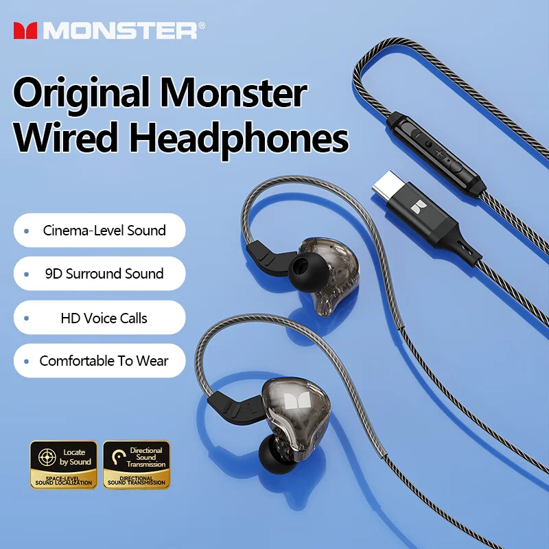 Choix Monster AK901 3.5mm/type-c casque filaire HiFi Surround son sans perte Audio dans l'oreille écouteurs de jeu HD appelant écouteurs