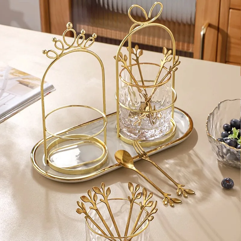 Creative Golden Bird Stainless Steel Fruit Fork Shelf Home Dessert Fruit Fork Spoon Storage Jar Glacier Glass Storage Bottle New