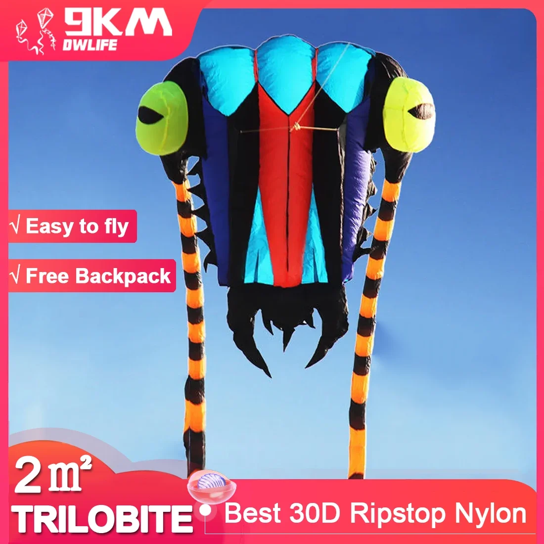 9KM 2㎡ Trilobite Kite 7.45m Soft Inflatable Line Laundry Show Kite 30D Ripstop Nylon Fabric With Swivels & Bag