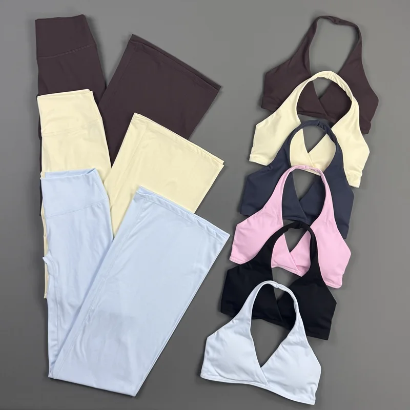 HISTELLO 2 Pieces Women Origin Set Halter Sports Bra High Waist Flare Yoga Pants Outfit  Soft Stretch Gym Pilates Workout Suit