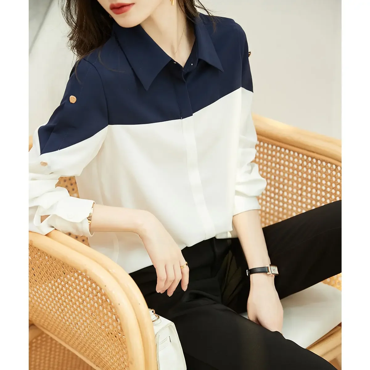 Spring Autumn Solid Color Tops 2024 New Patchwork Shirts Office Lady Straight Women's Clothing Temperament Long Sleeve Blouses