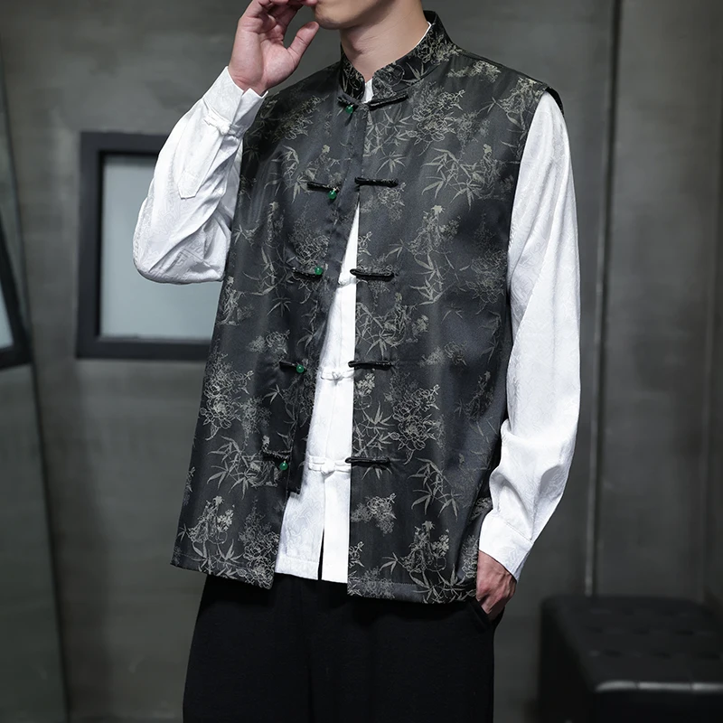 

New 2025 Chinese Sle Men's Tang Suit Vest Floral Embroidery Stand Fit Long Sve Jaet Autumn Wear
