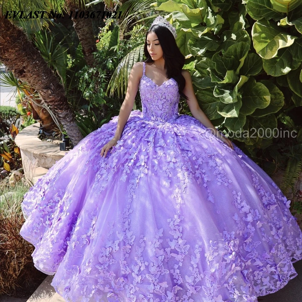 

EVLAST Glitter Lavender Purple Quinnceanera Dress Ball Gown Lace Applique Beading Mexican Sweet 16 Vestidos De 15 Anos SQ486