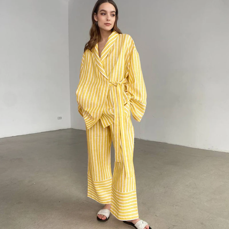 

Spring Stripe Casual Trousers Suit Women Long Sleeves Lace Up Coat+high Waist Loose Wide-leg Pants Autumn Female Two Piece Set