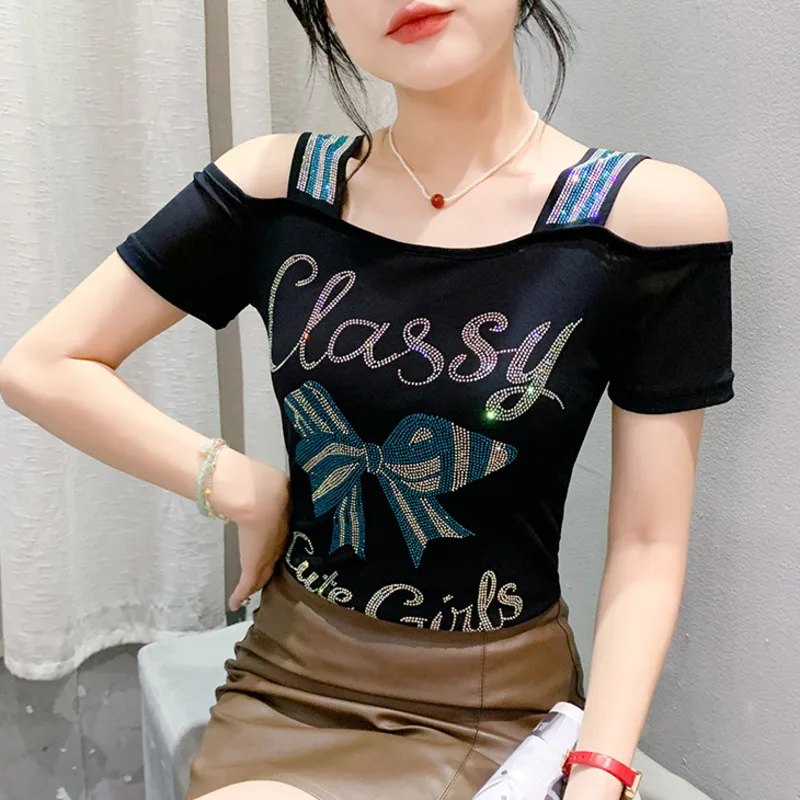 

Лето 2025 г., новая шикарная роскошная футболка с бабочками и бриллиантами, высококачественный женский топ с короткими рукавами, уличная одежда, футболки с открытыми плечами для девочек