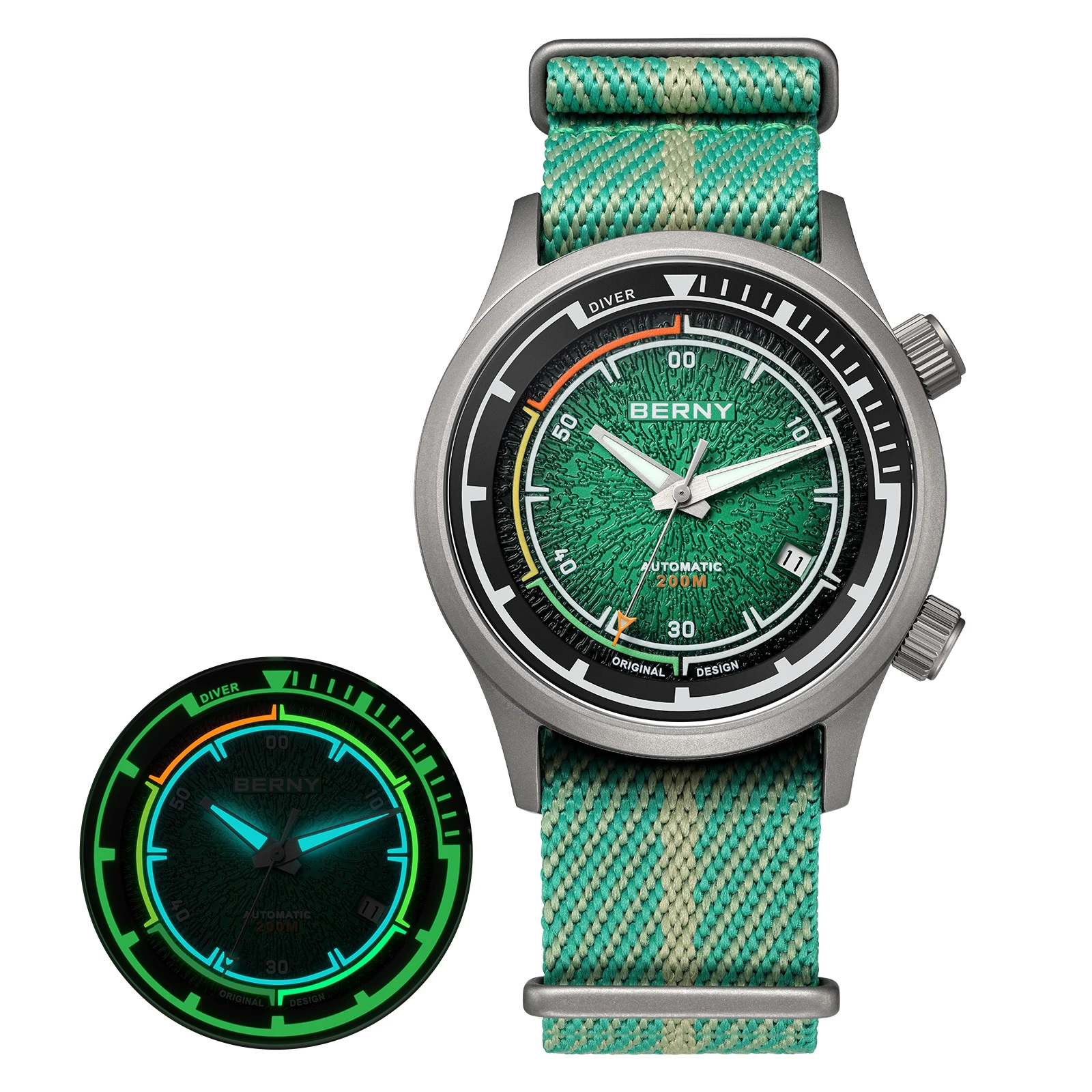 BERNY Herren-Taucheruhren, Titan, automatisch, mechanisch, superleuchtend, Herren-Taucheruhr, Saphirglas, 200 m wasserdicht, Sporttauchen