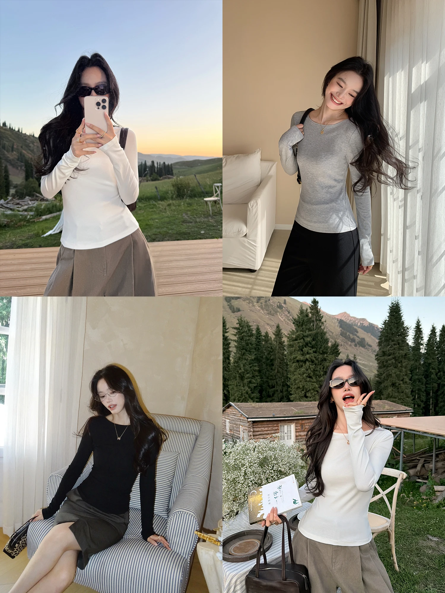 Pusumede Chill Loose Boat Neck Long Sleeve Knitted T-Shirt Women's Slim Fit Base Layer Shirt Casual Style Cotton Blend Top