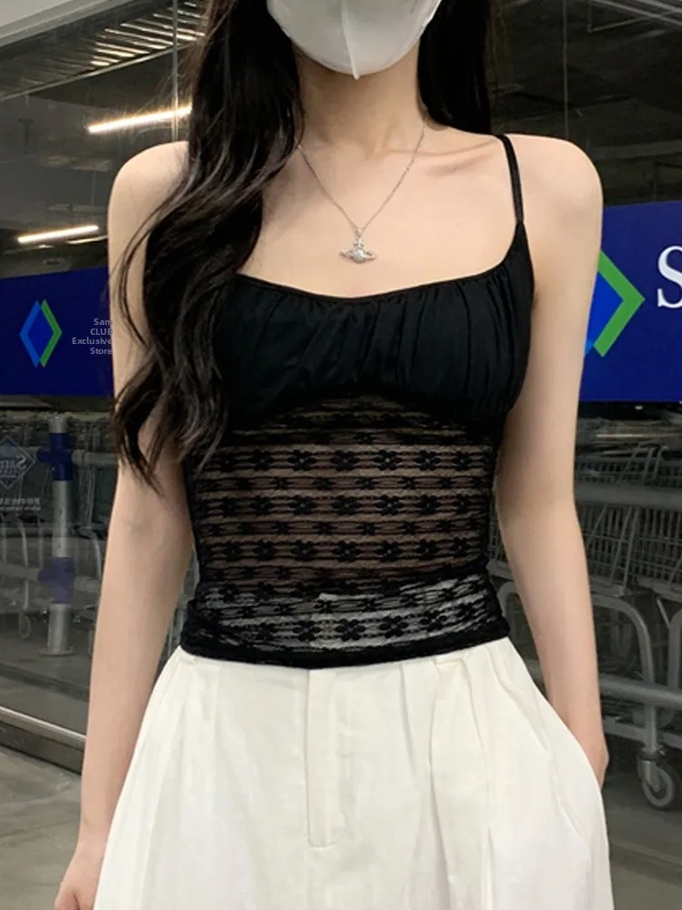 เสื้อครอปท็อปผ้าลูกไม้สำหรับผู้หญิง ดีไซน์เซนเซชั่น พร้อมเข็มขัดรัดเอว เสื้อกล้ามบางเบาสำหรับฤดูร้อน ใส่เป็นเสื้อซับในลำลอง แบรนด์ Sle Fidouha