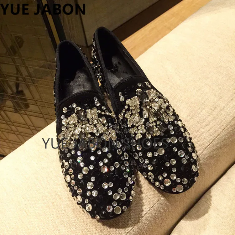 Black Men's Genuine Leather Loafers Flat Casual Shoes Fashion Mens Rhinestone Driving Shoes Man Flats Dress Wedding Shoes