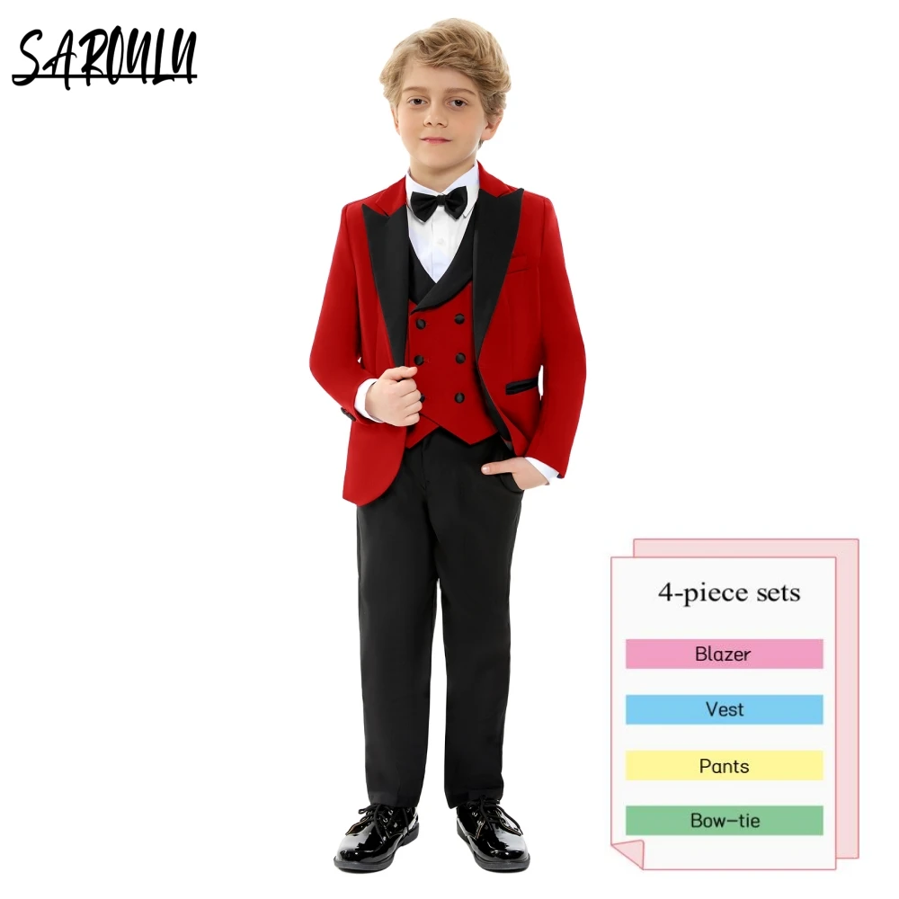 

Red Boys Suits Wedding Outfit 4-pieces Birthday Gift Elegant Clothes Set Church School Ceremony Flower Piano Performance Gown