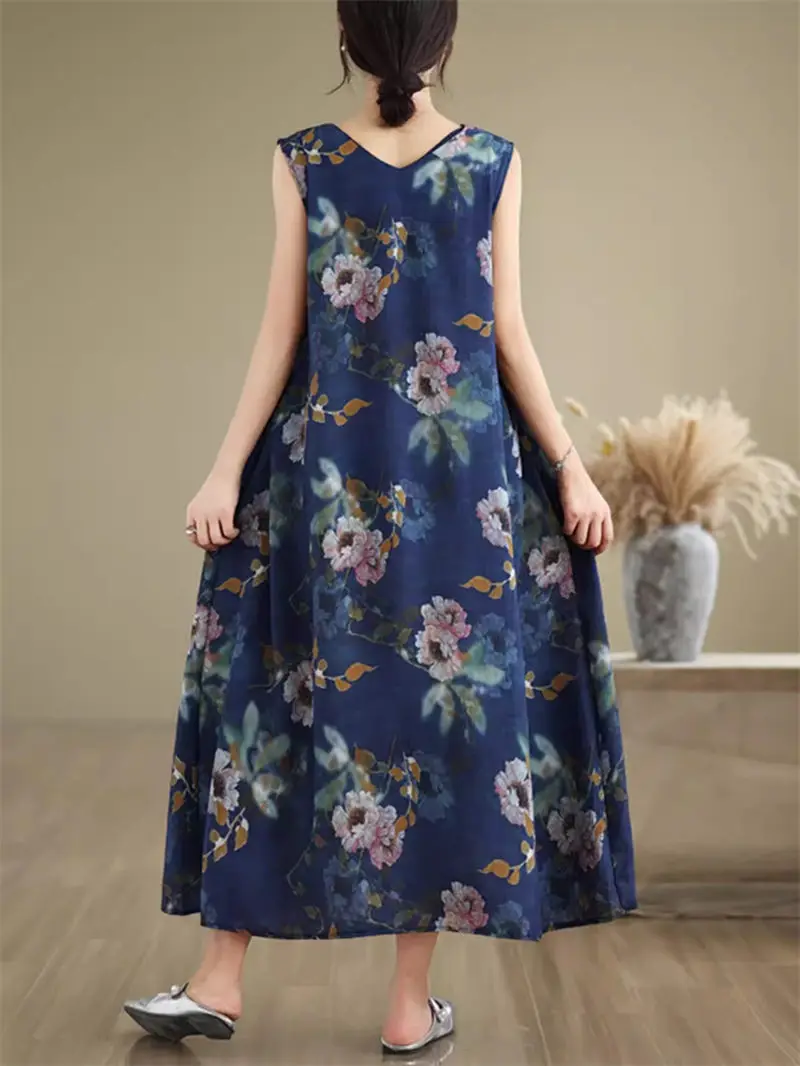 Large Size Women's Dress 2024 Summer Simple Printed Sleeveless V-Neck Long Vest Dress Casual Loose Clothing K2031