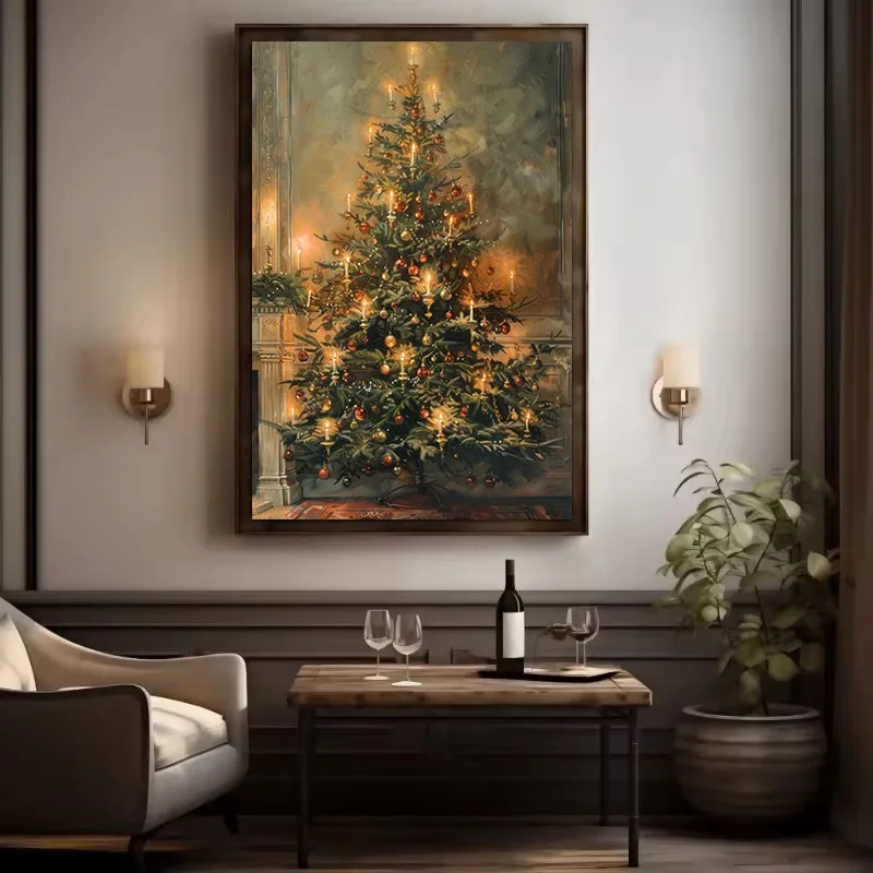 1pc frameless Canvas Painting Vintage Christmas Tree Cozy Holiday Horse Drawn Sleigh Winter Scene Poster Canvas Painting Wall Ar