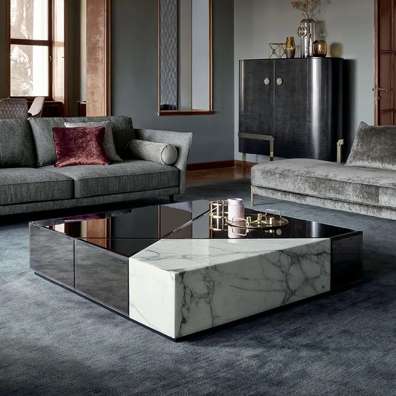

Minimalist square coffee table design villa living room marble coffee table silver mirror edge glass tea table