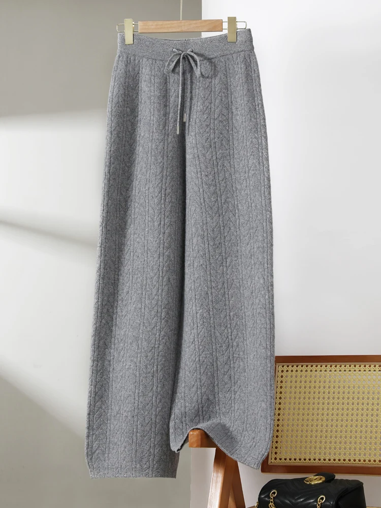 Women 100% Merino Wool Knitted Trousers Pure Wool thickened Diamond Pattern Wide-leg Pants Autumn Winter Soft Casual Style Pants