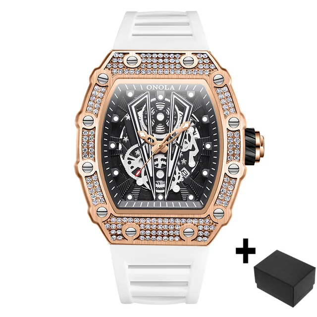 ONOLA, relojes deportivos verdes, reloj informal con correa de silicona resistente al agua, reloj de pulsera de cuarzo Tonneau con diamantes a la moda para hombre, triangulación de envíos